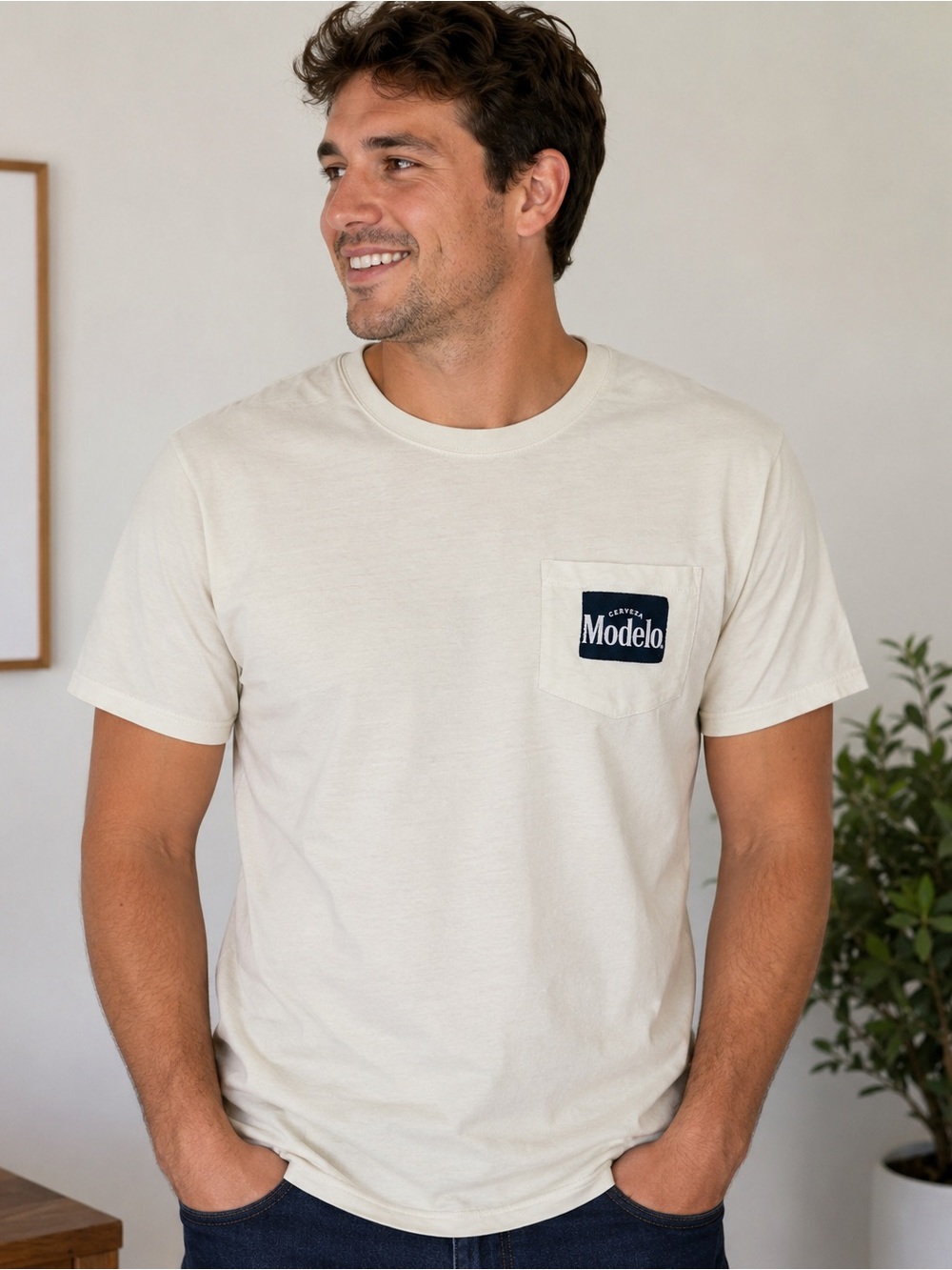 Modelo Mens Medium M Beer Logo Graphic Tee Beige Pocket Front NWT